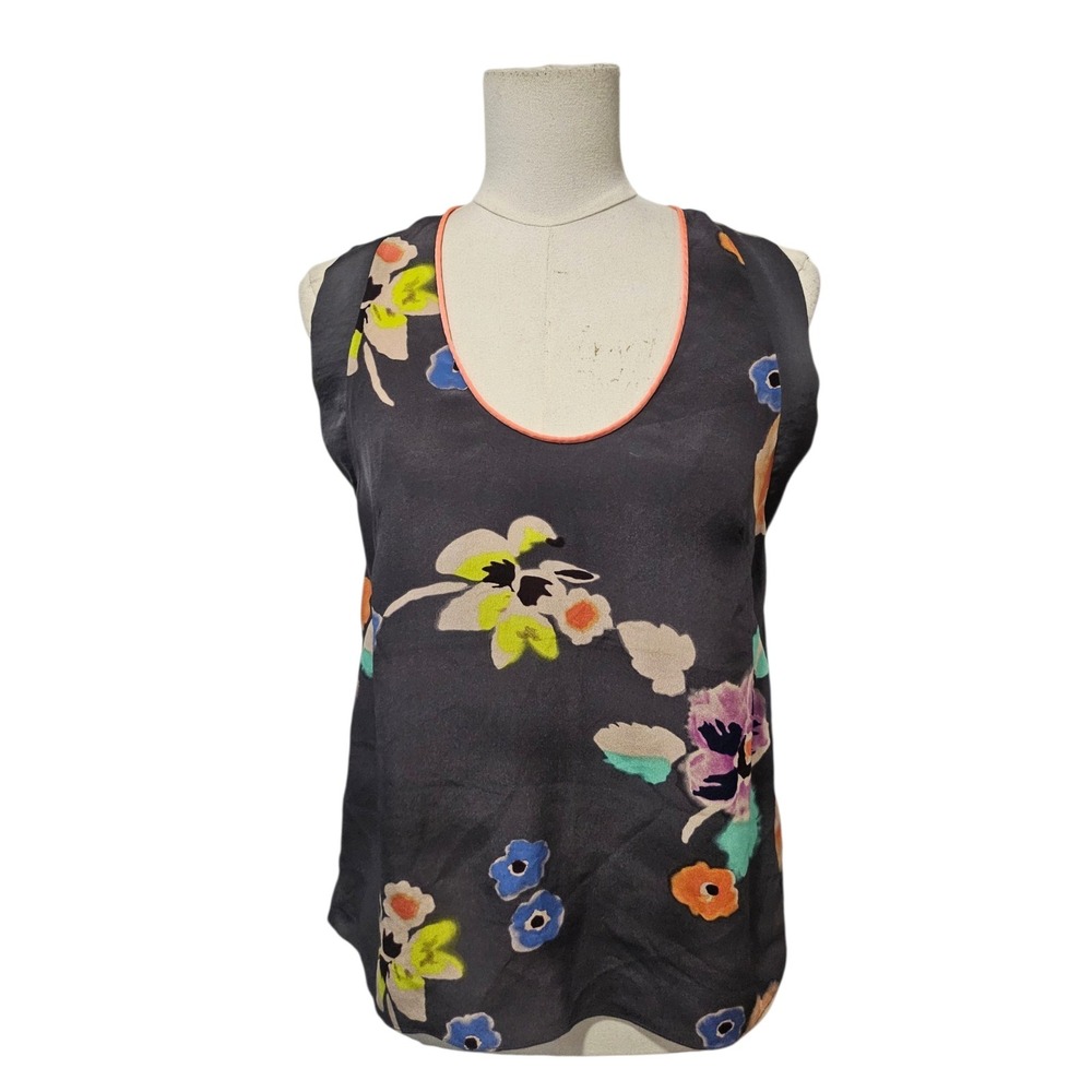 Rebecca Taylor Silk Floral Open Back Sleeveless Top Grey Multi Size 2